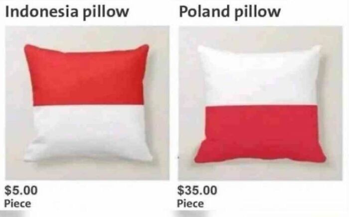 Image comparing an Indonesia flag pillow and a Poland flag pillow with different prices, shared as entertaining memes.