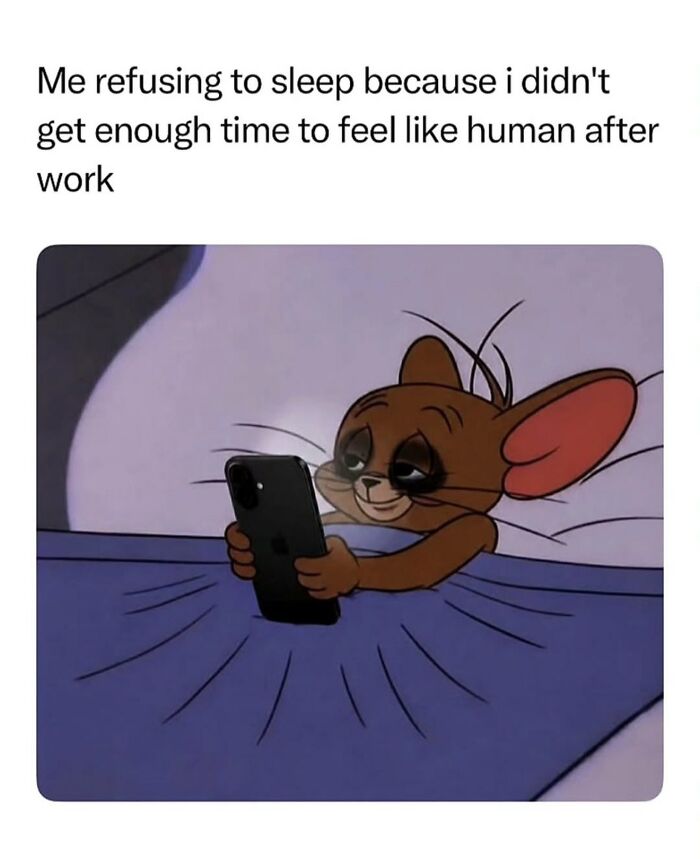 An image of Jerry from Tom and Jerry in bed, looking tired while on his phone, with the caption: 'Me refusing to sleep because i didn't get enough time to feel like human after work', creating entertaining memes for X.