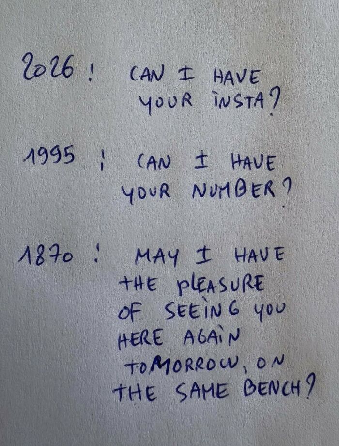 A handwritten note shows how pickup lines have evolved over the years, from 1870 to 2026, creating entertaining memes for X.