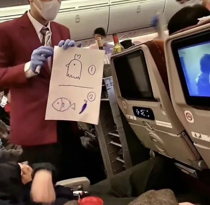 A flight attendant holds up a hand-drawn menu for a passenger, featuring a worm, fish, and chili, generating entertaining memes for X.