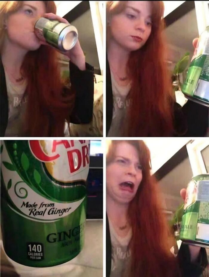 A woman drinking ginger ale, then reacting in disgust after seeing it's Made from Real Ginger, a funny meme on X.