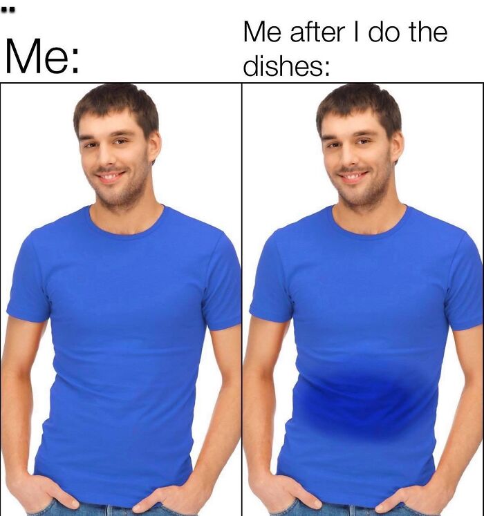 A man in a blue shirt with a wet spot on his stomach after doing dishes, a relatable meme from No Context Humans.
