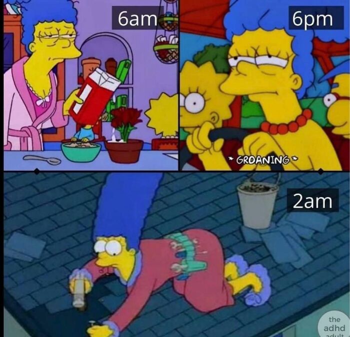 A meme with Marge Simpson showing her day at 6 AM, 6 PM, and 2 AM. These memes are shared on No Context Humans.