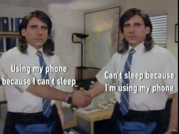 A meme from No Context Humans showing two men shaking hands, illustrating phone use and sleep, shared on X, entertaining 6.6M people.