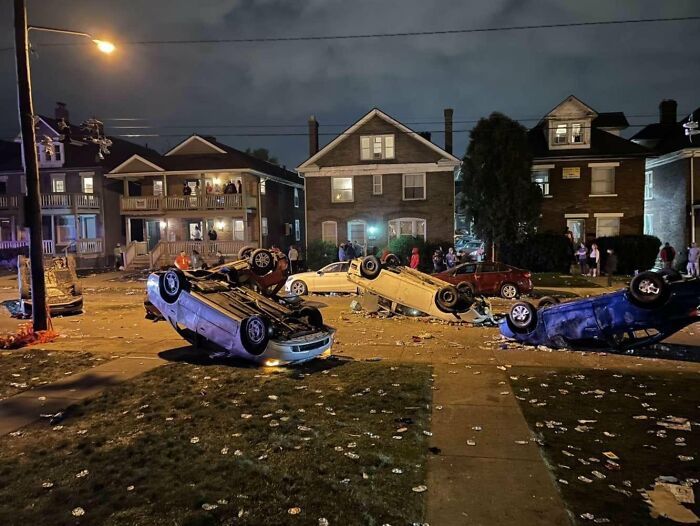 An outdoor scene at night with multiple overturned cars, a meme from No Context Humans, shared on X, entertaining 6.6M people.