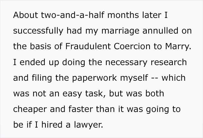 A woman finds out her husband is a stranger, discussing her marriage annulment process.