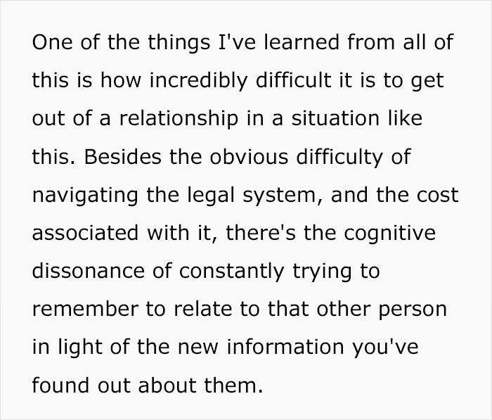 A woman finds out her husband is a stranger, reflecting on relationship difficulties and cognitive dissonance.