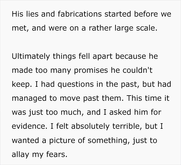 A woman discovers her husband's lies and fabrications, asking the internet for advice.