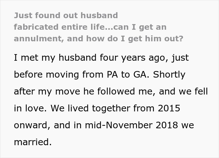 Screenshot of text: Just found out husband fabricated entire life... can I get an annulment, and how do I get him out?