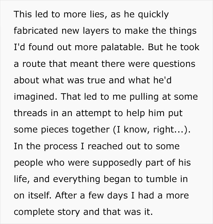 A woman uncovers her husband's lies, asking the internet for advice on his true identity.