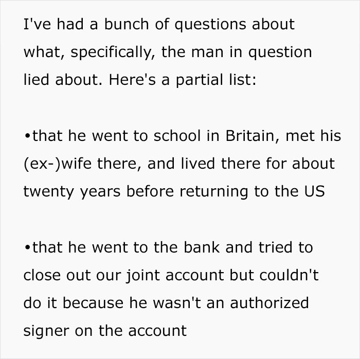Text snippet detailing a husband's lies about his background, including schooling, ex-wife, and a bank account.
