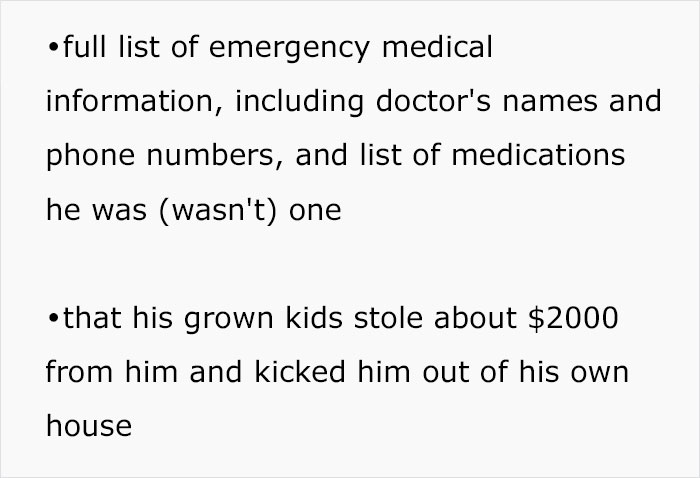 Text snippet listing more of a husband's lies, including emergency medical info and his kids stealing from him.