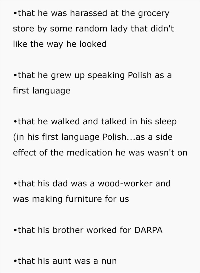 A woman finds out her husband has hidden details about his life, including speaking Polish and his father's woodworking.