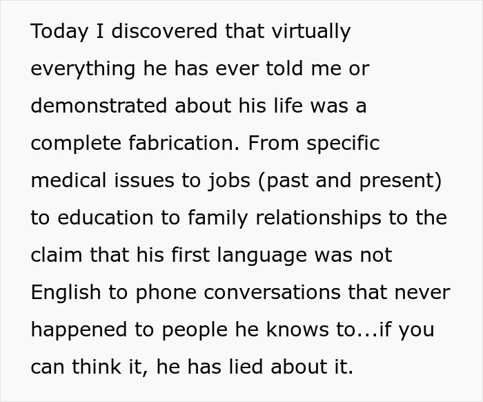 Screenshot of text detailing a husband's fabrications about his life, including medical issues, jobs, education, and family.