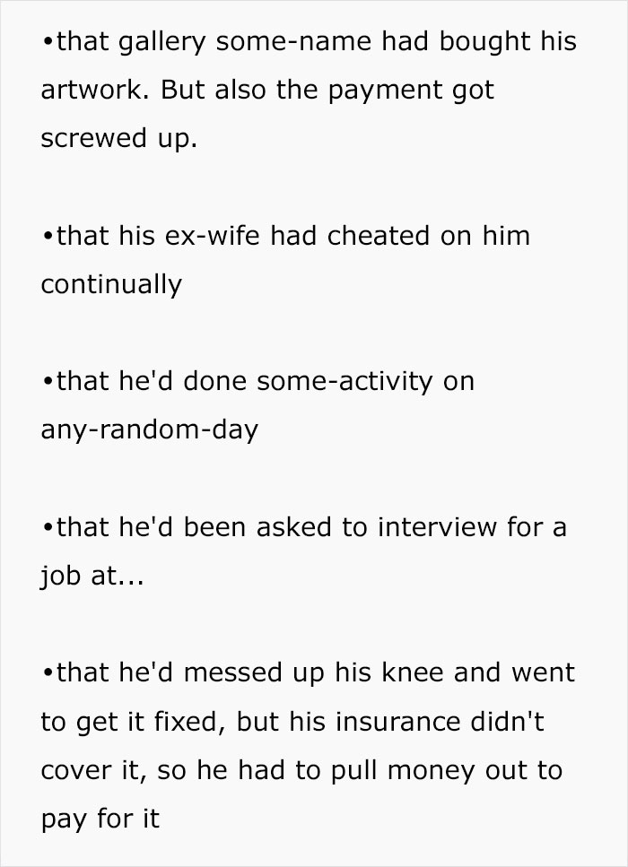 A woman learns more about her husband's hidden life, including his artwork sales, ex-wife's cheating, and job interviews.