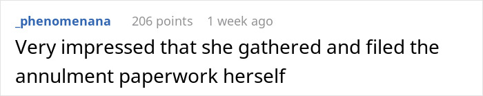 A comment about a woman finding out her husband is a stranger and filing annulment paperwork herself.