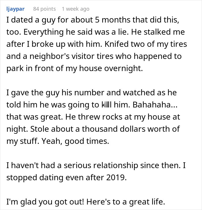 A comment describing a past dating experience with a dishonest man, relating to the woman who has no idea who her husband really is.