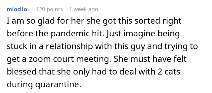 A comment about the woman finding out her husband is a stranger and sorting things out before the pandemic.