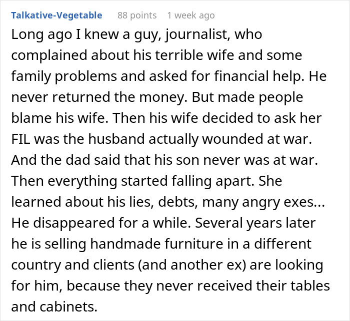 A detailed comment about a journalist who lied about his past and wife, similar to the woman with a stranger husband.