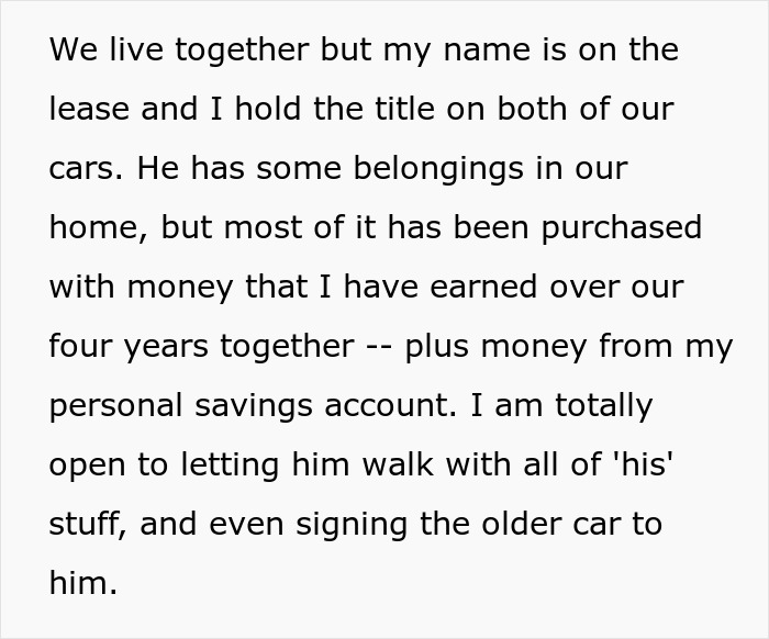 Screenshot of text about shared living and assets, mentioning her name is on the lease and car titles while seeking advice.