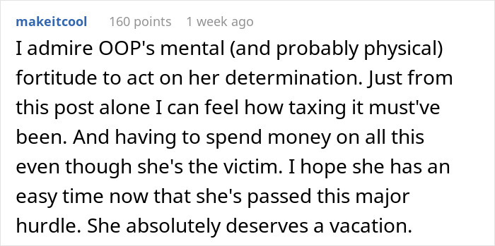 A comment admiring the woman's mental and physical fortitude after finding out her husband is a stranger.