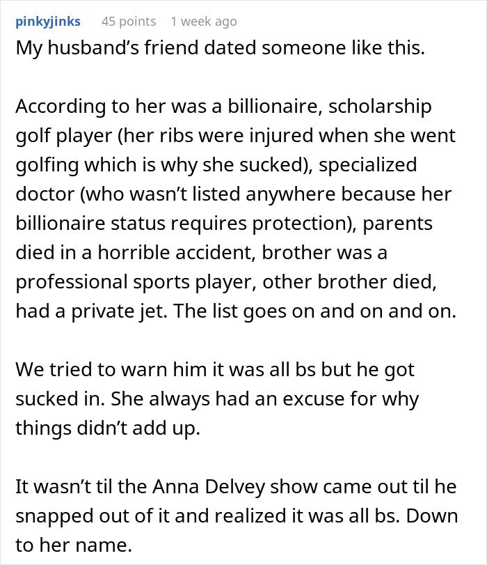 A Reddit post from user pinkyjinks about her husband's friend dating a deceptive woman.