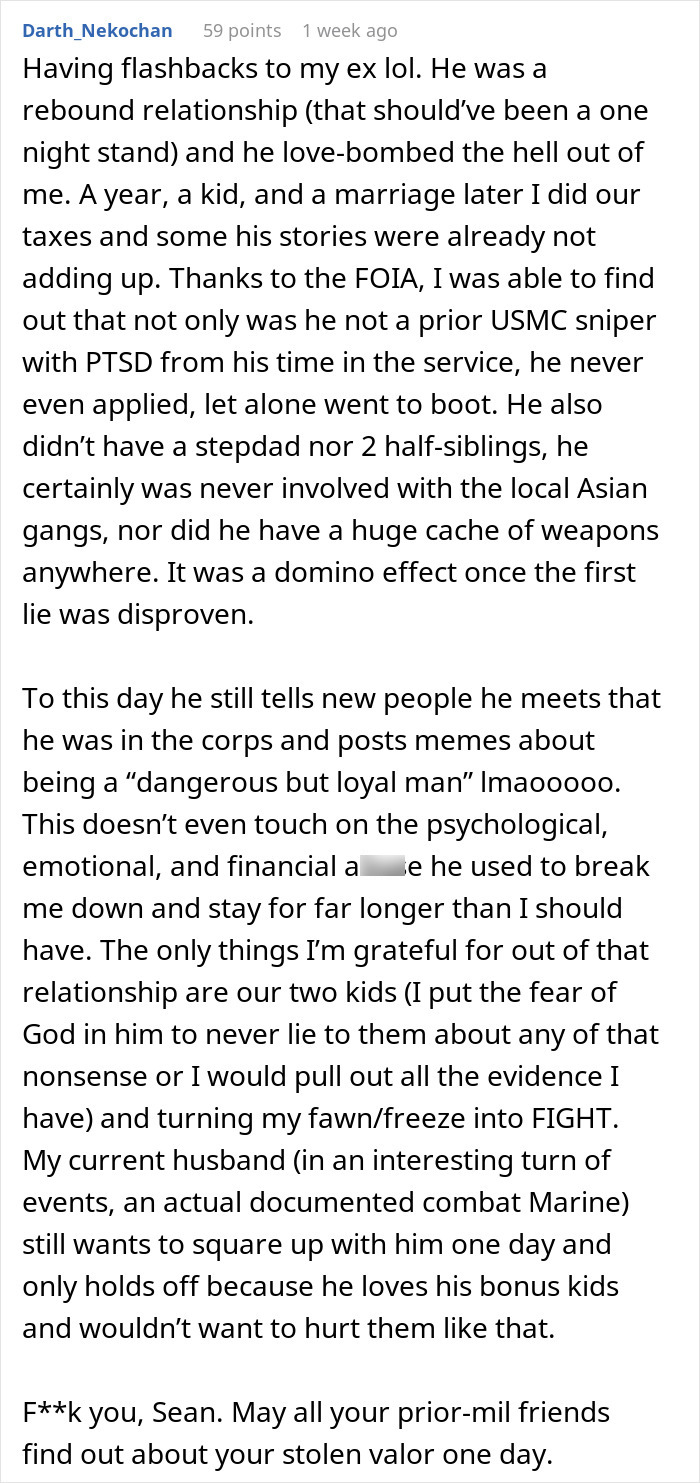 A Reddit post from user Darth_Nekochan detailing her ex-husband's lies and asking for advice.