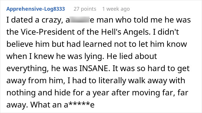 A Reddit post from user Apprehensive-Log8333 describing a crazy, deceptive man she dated.