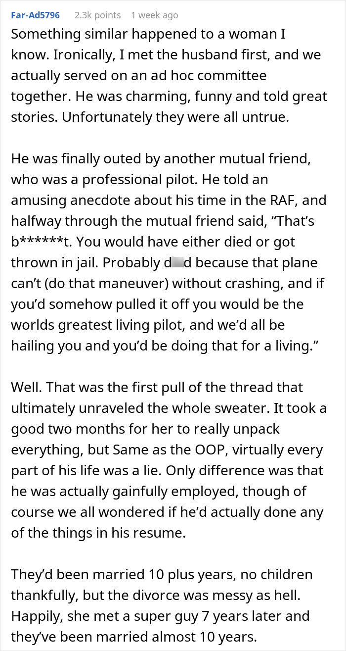 A reddit post describing a similar situation where a woman finds out she has no idea who her husband really is.