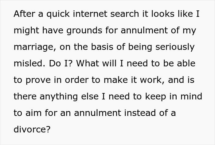 Screenshot of text discussing grounds for annulment of marriage due to being misled, asking for advice on proof.