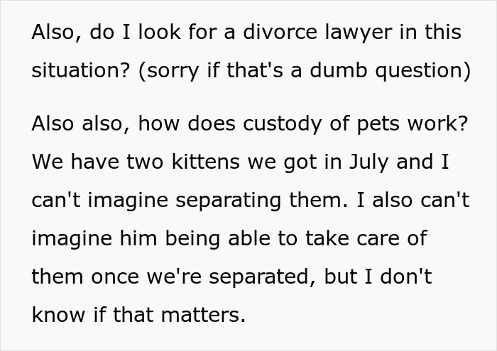 A woman seeking advice on whether to look for a divorce lawyer for her husband.