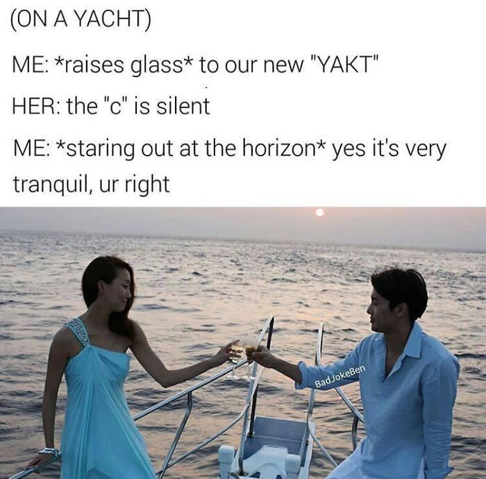 A couple on a yacht making a toast, with a text overlay of dumb puns about pronouncing yacht.