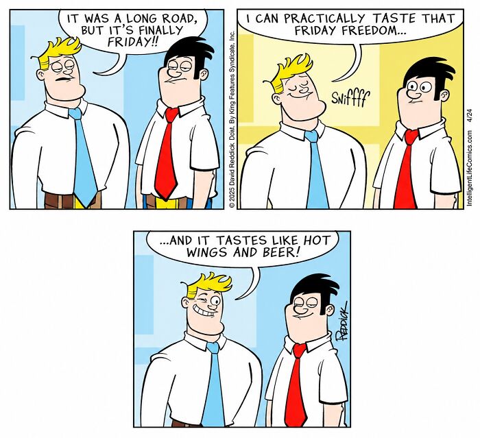 A comic by cartoonist David Reddick about living in today's world, featuring two men celebrating Friday with hot wings and beer.