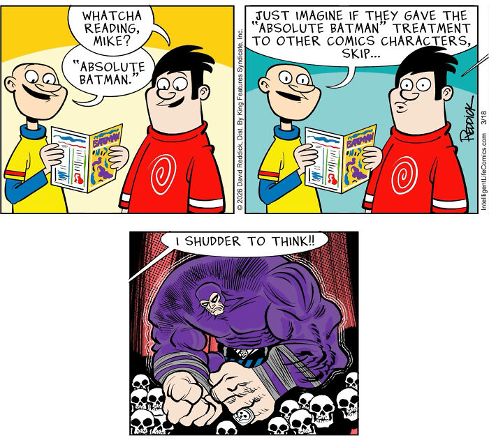 A comic by cartoonist David Reddick depicting two men discussing comics, with a humorous exaggerated muscular character imagining Absolute Batman.