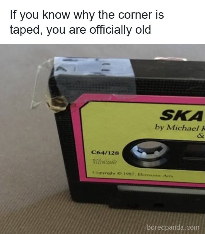 A close-up of a cassette tape with a taped corner, a clear sign of 80s life and memories for those who know.