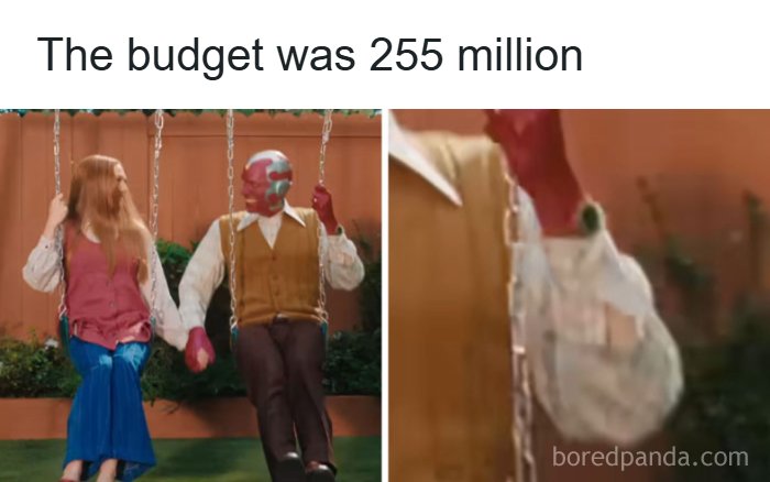 A Wandavision meme highlighting a budget error, one of the funniest pop culture posts for good vibes.