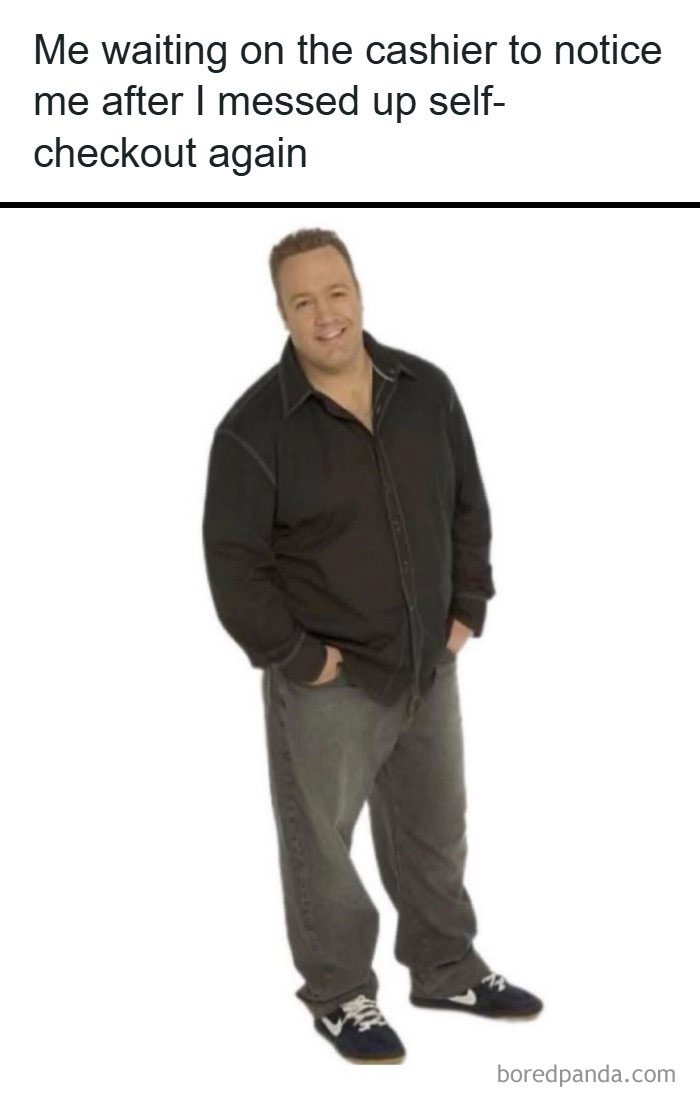 Funny adult post: Kevin James meme representing an awkward self-checkout moment, capturing the reality of being an adult.
