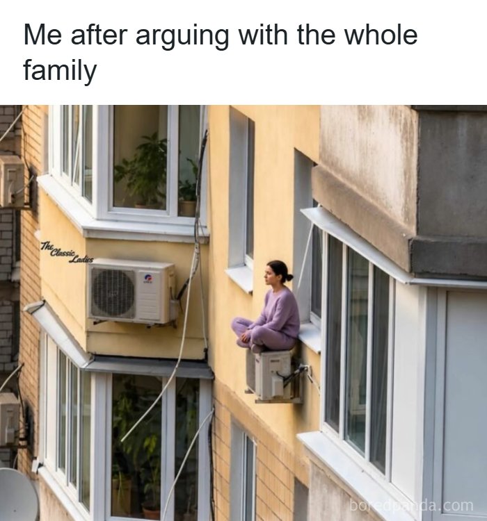 A relatable meme shows a woman in pajamas sitting on an outdoor AC unit on a building, looking stressed.