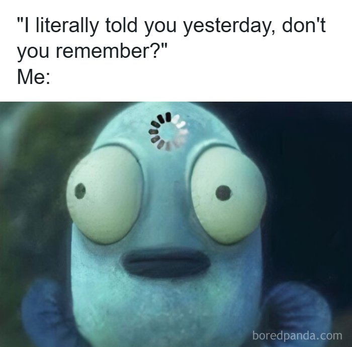 Hilarious memes showing a blue fish with big eyes and a loading icon above its head, indicating a memory lapse.