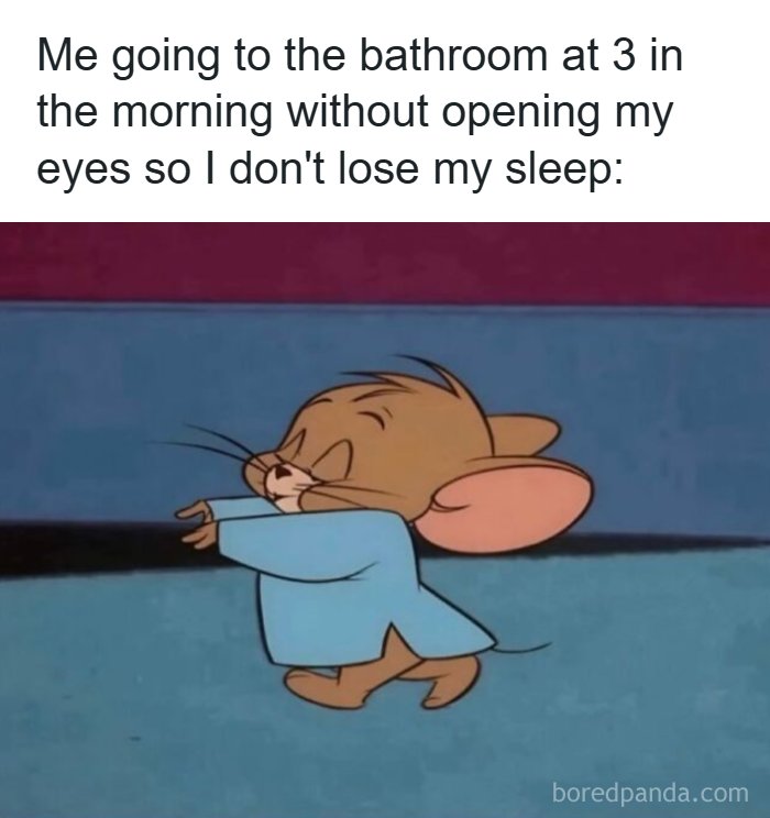 Hilarious meme of Jerry from Tom and Jerry walking with eyes closed, relatable for late-night bathroom trips.
