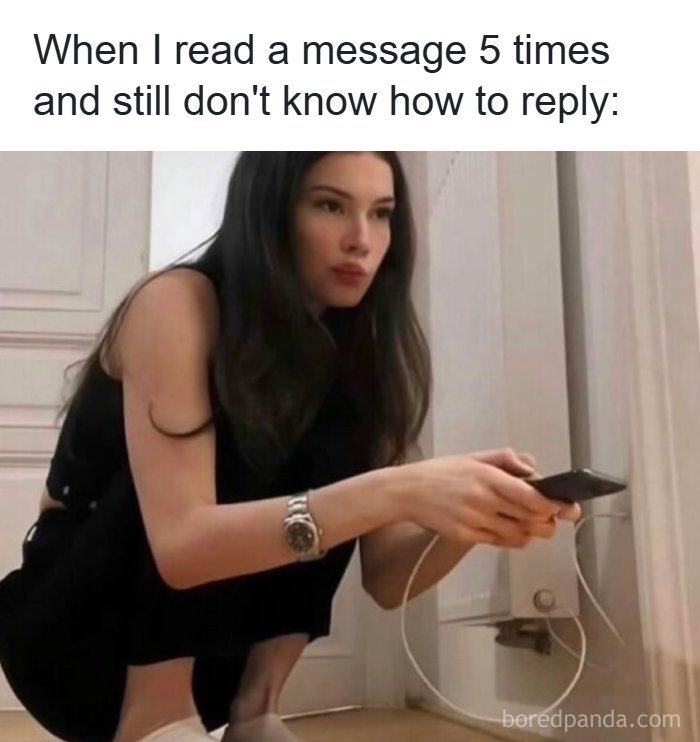 Hilarious memes showing a woman intently staring at her phone, representing difficulty in replying to a message.