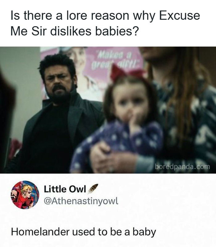 A meme with Billy Butcher from The Boys looking annoyed while a baby is held, with text about why he dislikes babies, one of the funniest pop culture posts.