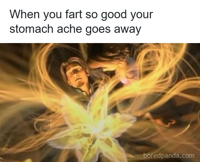 A relatable meme showing a scene from Tangled with glowing magic. The text describes the relief when a stomach ache goes away.