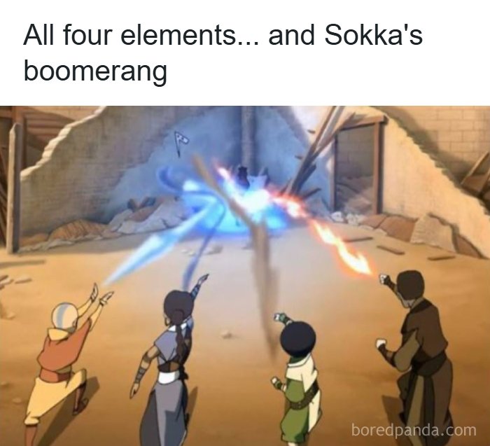 An Avatar Last Airbender meme showing elements and Sokka's boomerang, a funny pop culture post for good vibes.