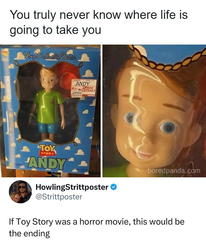 A meme of a creepy Toy Story Andy doll in a box, suggesting a horror movie ending for a quick laugh.