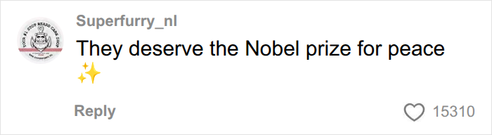 A social media comment from superfurry_nl saying, They deserve the Nobel prize for peace ✨ in a daredevil case.