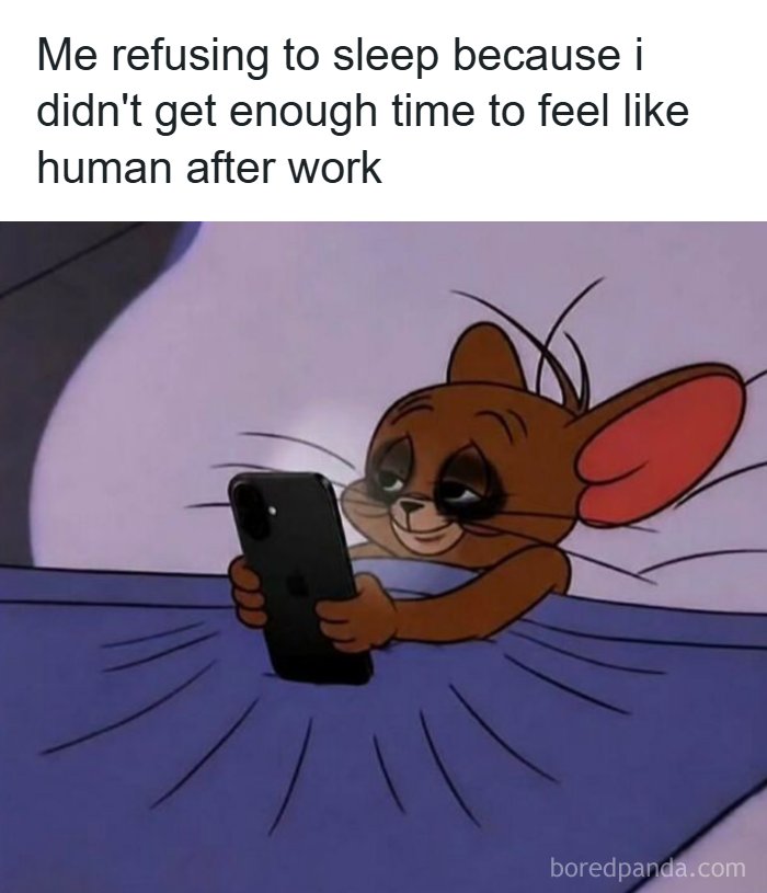 An image of Jerry from Tom and Jerry in bed, looking tired while on his phone, with the caption: 'Me refusing to sleep because i didn't get enough time to feel like human after work', creating entertaining memes for X.