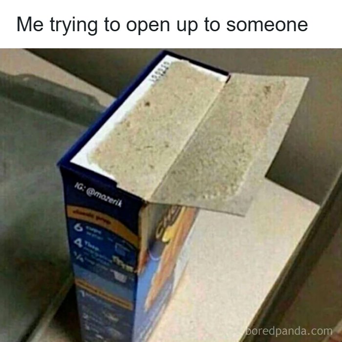 A meme showing a macaroni and cheese box with its flaps barely open, illustrating the struggle of trying to open up to someone. This is a meme from No Context Humans.