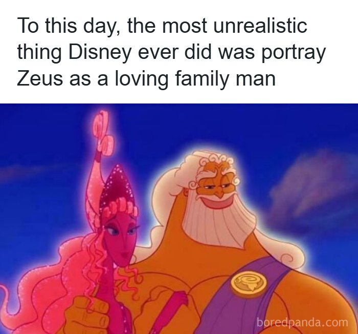 A mythology meme featuring Disney's depiction of Zeus and Hera, commenting on Zeus as a family man.