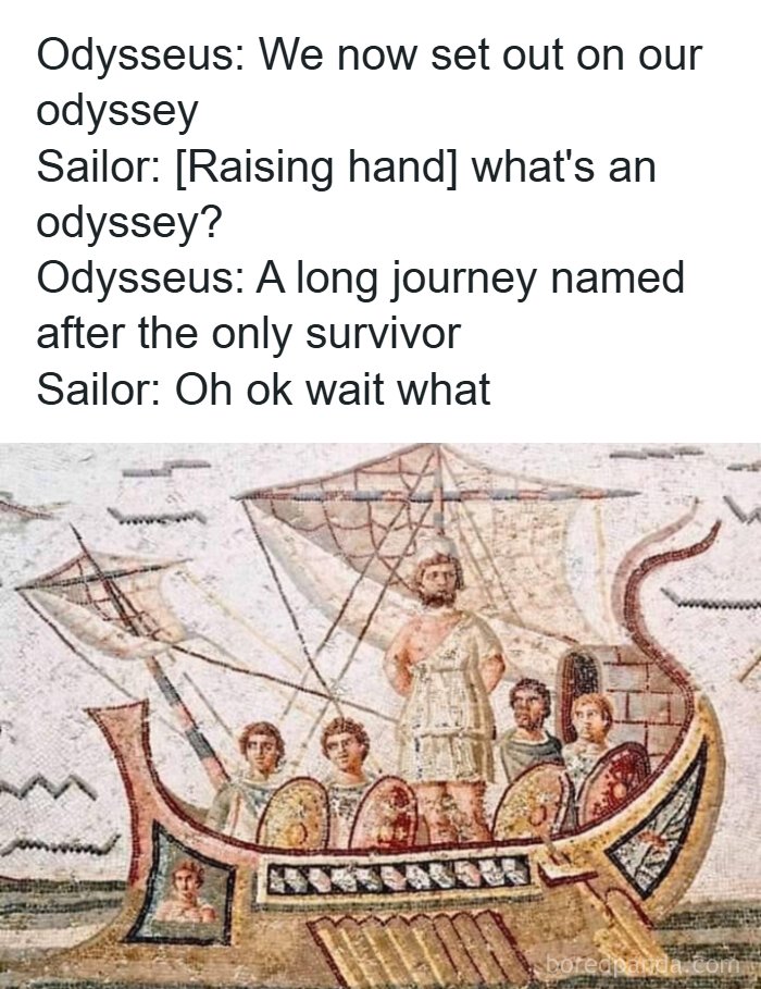 A mythology meme featuring Odysseus and a sailor discussing the meaning of odyssey, with an ancient ship mosaic.